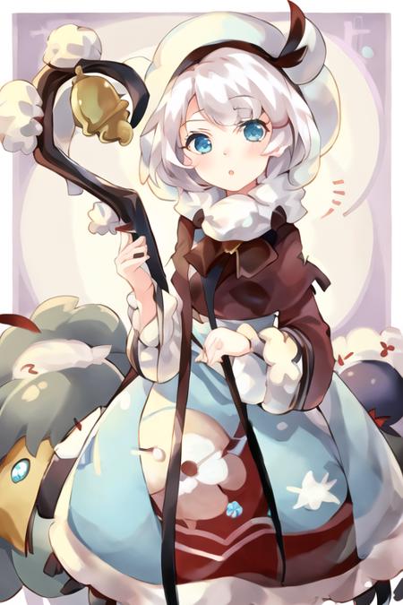 1girl, crkcotton, blue eyes, short hair, white hair,  hat, dress, long sleeves, staff, bell <lora:cotton_cookie:1>