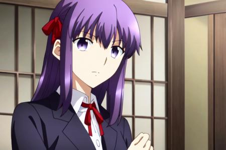 ufotable screen cap, 1girl, matou sakura, purple hair, purple eyes, red ribbon, hair ribbon
<lora:style-ufotable:0.75>