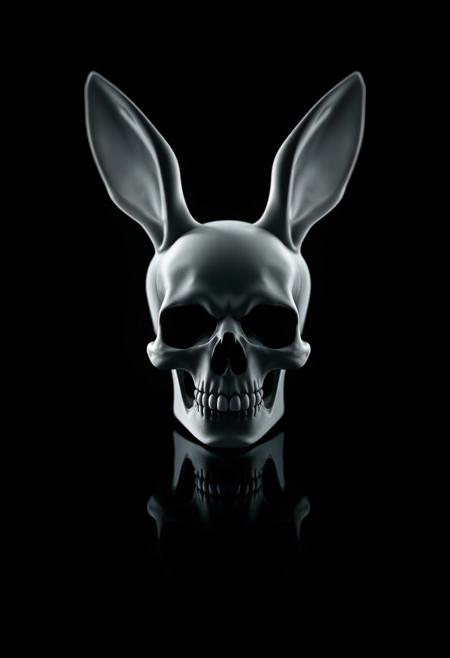 A white skull with rabbit ears on a black background in the style of a game icon. highly detailed and hyper realistic photo, by Alena Aenami , by Archibald Thorburn , by Daniele Afferni ,  in the style of  monochromatic silhouette reflection,  limited dark palette, unusual dark colors, faded colors, atmospheric haze, highly dramatic cinematic lighting, motion blur, film grain,  professional, excellent composition, finest details, maximized details, ultimate detail level, masterpiece, best quality
