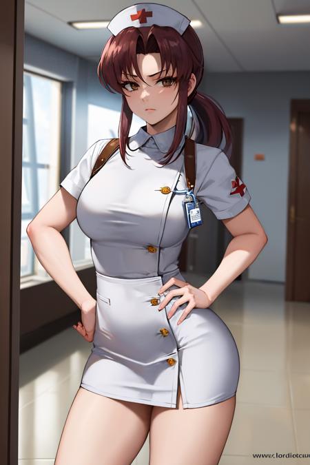 (masterpiece, best quality:1.2), cowboy shot, solo, 1girl, revy, unamused, looking at viewer, contrapposto, hand on hip, ponytail, nurse cap, nurse, hospital, hallway <lora:blacklagoon_revy:1>