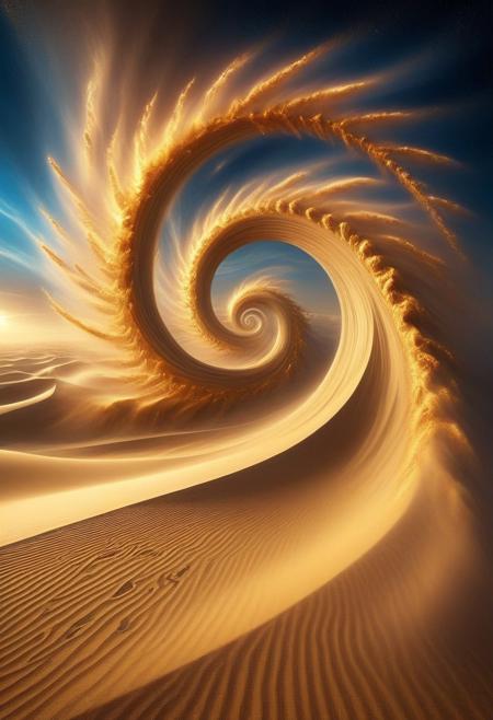 a colossal swirling sand vortex, shimmering with iridescent colors, forming a massive gateway to an unknown realm, floating desert runes shifting in its spiraling currents, distant figures in ceremonial robes observing the portal from afar, ghostly mirages of lost cities appearing within the storm, sunbeams piercing through the whirling dust, ultra-detailed textures, cinematic depth, surreal fantasy atmosphere, highly intricate light scattering, particles dynamically suspended in the air