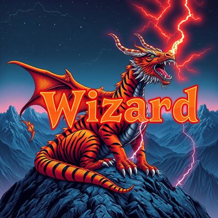 A tiger-striped dragon sitting on a mountain-top. Orange and black stripes.  Two horns.  Dragon Wings. Roaring.  Breathing fire.
Background mountains at night. Cosmic skyscape.  Synthwave colorscheme. Very realistic, fantasy illustration.
with the phrase "Wizard" emblazoned in 3D, intricate, lightning patterns, with a predominantly neon colors,
