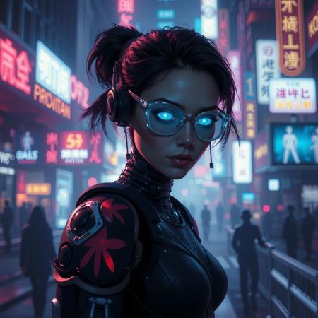 cinematic film still a cyberpunk girl with glowing cybernetic eyes tracking targets in a neon-lit cityscape, her augmented body designed for stealth and speed. shallow depth of field, vignette, highly detailed, high budget, bokeh, cinemascope, moody, epic, gorgeous, film grain, grainy