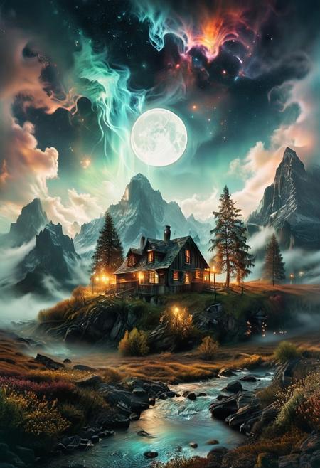 (by Ellen Jewett:1.5), (Bioluminescent Impressionism, The Dreamland), their peaks veiled in mist. mixed media, surrealism, great lighting, A surreal landscape highly detailed . extremely high-resolution details,  appears trapped in an optical illusion of reflections and refractions colorful , mountain cabin, professional photography, natural lighting, volumetric lighting maximalist. intricately detailed, complex, elegant, night, moon, meteor shower, expansive, fantastical, film photography style,  <lora:MJ52:0.3>  <lora:SDXLFaeTastic2400:0.4>  <lora:EpicF4nta5yXL:0.7>.ethereal landscapes, depth of field, biotech emotion:1.3) <lora:xl_more_art-full_v1:0.5> <lora:add-detail-xl:1> <lora:RMSDXL_Creative:2>, GhostlyStyle