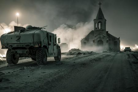 analog gloomy photo of a HUMVEE car,  <lora:humv33:1.0>, driving through a decayed city (at night), ((church ruins)), dilapidated buildings, ((blood and corpses on the snow)), ((winter)), ((snow)), (horror movie), ((nighttime)),  ((green fumes:1.3)), High Detail, Sharp focus, (photorealism), realistic, best quality, 8k, award winning, dramatic lighting, epic, cinematic, masterpiece, rim light, ambient fog:1.2,