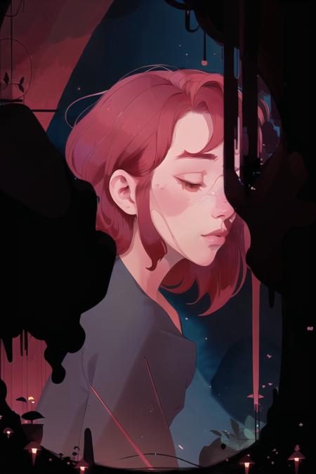 intricate high detailed girl in dark cave, short red hair, ((perfect face)), glowing plants, sharp focus, straight lines, (masterpiece, best quality:1.2), artstation, cartoon style, flat colors, grisgame style, by simon stalenhag <lora:grisgame:1>