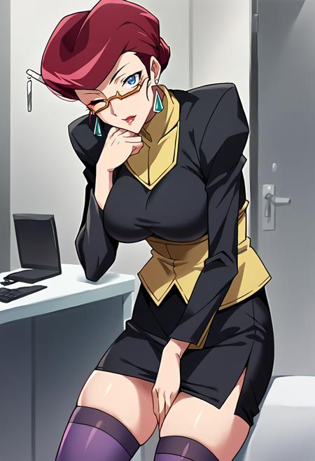 ct_sc4rlet, red hair, short hair, hair bun, hair stick, large breasts, semi-rimless eyewear, earrings, black uniform, black pencil skirt, underbust, long sleeves, Stockings: purple thighhighs, ct_sc4rlet, red hair, long hair, yellow one-piece swimsuit, sunglasses,