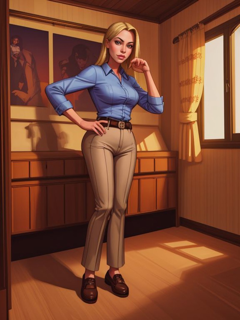 (Vector image:1.3) of (Ultra detailed:1.3) <lora:LCM_LoRA_Weights_SD15:0.8> Jenny_McSloot wearing collared shirt, belted c...