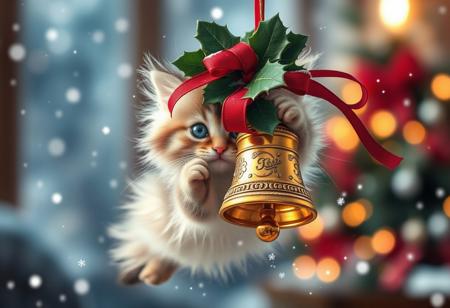 A whimsical winter wonderland scene captures a fluffy kitten's playful essence as it mid-bat at a hanging Christmas bell adorned with lush holly and crimson ribbon. The kitten's bright blue eyes sparkle with mischief, surrounded by soft, feathery whiskers and ultra-realistic fur. A sprinkle of tiny snowflakes dances around the bell, suspended in mid-air amidst warm, cozy indoor ambiance, illuminated by soft bokeh lights.