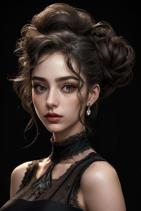 A detailed portrait of a young woman exuding elegance and natural grace. She has a voluminous updo hairstyle with wisps of hair tenderly framing her face. Her hazel eyes are accentuated by tasteful makeup, s. She wears a high-necked black top, suggesting a blend of casual refinement. The lighting should illuminate her face against a subdued background, emphasizing her calm and confident expression. High Fashion, dynamic, dramatic, elegant, High fashion supermodel, avant garde style
fFaceDetaile