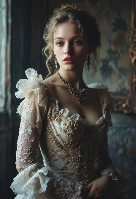 (Soft Lighting Photography by Mimoza Veliu and Mario Giacomelli:1.2), NSFW, Ancient France royal costume, Rococo style, beautiful girl, side soft light, Dark environment, elegant, gorgeous, highly detailed, , nipples