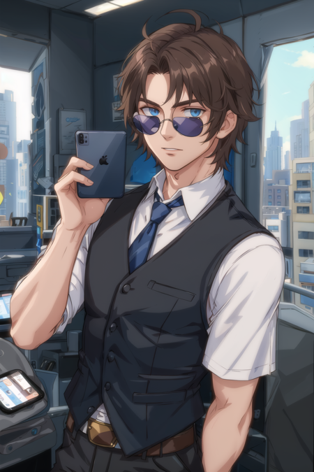 Simon Petrikov, solo, looking at viewer, brown hair, shirt, 1boy, holding, blue eyes, white shirt, upper body, male focus, vest, parted bangs, phone, sunglasses, cellphone, smartphone, holding phone, black vest, curtained hair, <lora:SimonPetrikov-000009:0.4>