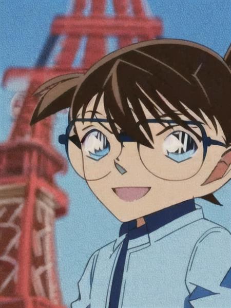 <conan>, glasses, 1boy, solo, male focus, blue eyes, brown hair, black-framed eyewear, shirt, male child, white shirt, smile, jacket, :d, looking at viewer, standing, short hair, blue sky, Tokyo Tower