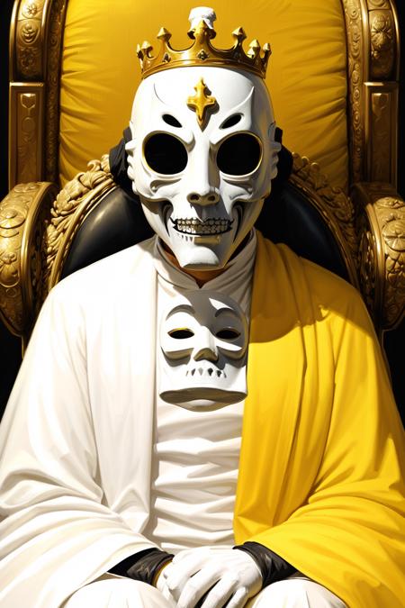 oil painting of (the king in yellow:1.05) wearing a (bone white porcelain mask:1.2), sitting on his throne, (hastur:1.2), (tattered yellow robes:1.3), Victorian aesthetic, detailed grotesque form, intricate background, brushstrokes <lora:the_conspiracy:1>