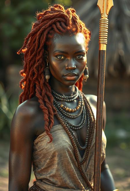(masterpiece), (ultra realistic), (8k, cinematic lighting), (ambient_occlusion), (volumetric shadows), (rim lighting), ((exceptionally beautiful red-haired woman)), 22 years old, dark melanin skin, soft hourglass figure, long coily hair with beads, wearing a zulu women warrior attire, outside holding a golden spear.