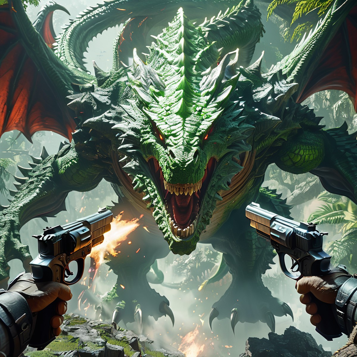 Cinematic shot of a knight holding pistols in each hand, fighting a big green dragon boss, jungle in background, dual pist...