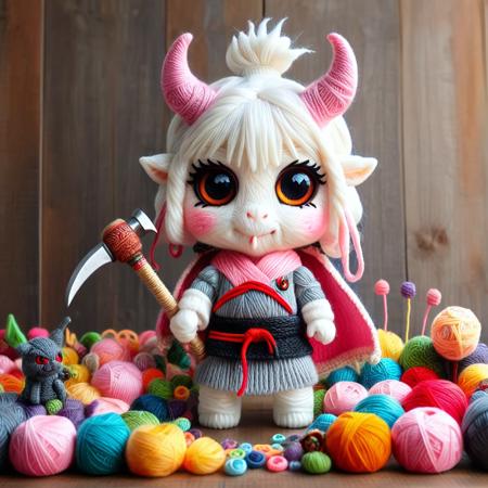 yrnwrld, A realistic Samurai holding a Squeaking Hammer Pounding Toy made of yarn, solo, armor made of yarn, 1boy, male focus, holding, dual wielding, samurai, helmet made of fruit loops, toy, horns, holding Toy, japanese armor made of yarn, holding hammer, light pink skin, red eyes, full body, fighting stance, Tokio background, tokio made of yarn, glowing, glowing eyes, sheath, standing, gloves, teeth, japanese clothes, white hair, shoulder armor, demon, looking at viewer, mask made of yarn, ponytail, fangs, sharp teeth, yarn shape armor