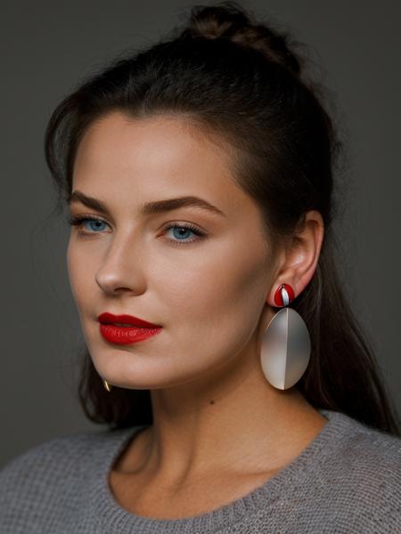 A beautiful p4ul1n4p woman,  1girl,solo,looking at viewer,blue eyes,blonde hair,simple background,black hair,jewelry,earrings,grey background,mole,sweater,lips,portrait,realistic,red lips,realistic,soft lighting, professional Photography, Photorealistic, detailed, RAW, analog, sharp focus, 8k, HD, high quality, masterpiece<lora:p4ul1n4p:1.0>