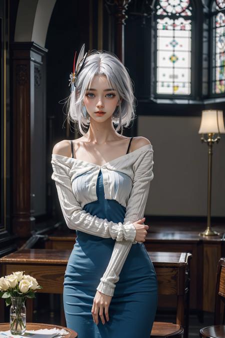 <lora:ShenHe_TongRen:0.65>, shenhe_genshin,1girl, (white hair, long hair), blue eyes,hair ornament, white short shirt, long sleeves, off shoulder, blue long dress, standing, looking at viewer, (shy), upper body, (cowboy shot,realistic, photorealistic), (masterpiece, best quality, high quality), (colorful),(delicate eyes and face), volumatic light, ray tracing, extremely detailed CG unity 8k wallpaper, indoors, church, paintings, vases, flowers, table,