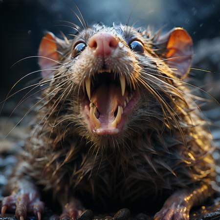 highly detailed documentary photo of giant rat:1.3,

whiskers, claws,  open mouth, looking at viewer, blurry, blurry background, portrait, animal focus, whiskers, realistic

masterpiece, best quality:1.1, 

ultra photoreal, photorealistic:1.0, sharp focus:1.1, 
depth of field:1.1, 

50mm, style of Nathan Wirth, Hasselblad X1D II, Porta 160,
