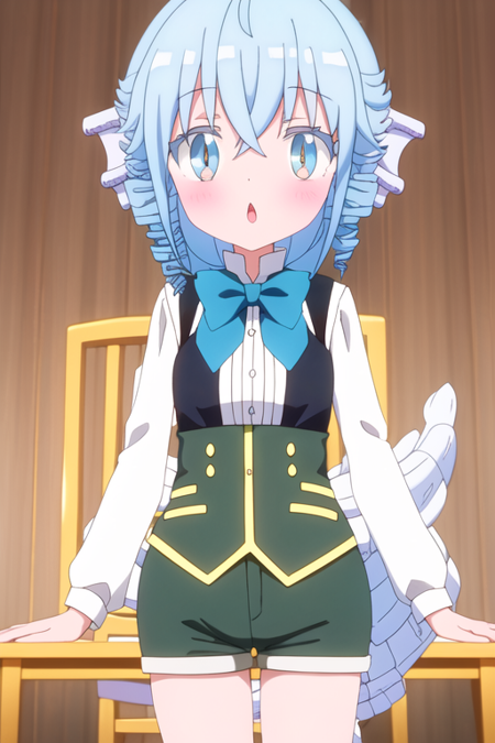 1girl, tail, solo, blue eyes, blue hair, bow, looking at viewer, shorts, bowtie, blush, drill hair, black shorts, open mouth, :o, + +, long sleeves, table, chair, monster girl, indoors