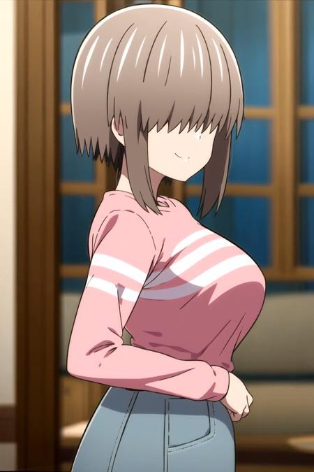 <lora:uzaki_yanagi:1>, 1girl, solo, smile, yanagi, short hair, bangs, shirt, grey hair, hair over eyes, side lock, long bangs, covered eyes, (blurry background), skirt, shirt, long sleeves, blue skirt, denim, pink shirt, denim skirt, (striped shirt:0.5), standing, large breasts, looking at viewer, indoors, (upper body), potrait