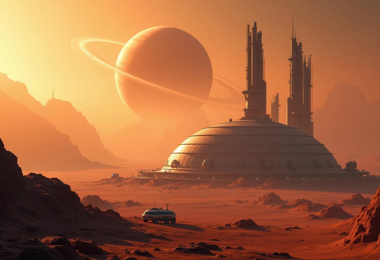 "Create a futuristic scene of a base station on the surface of Titan, Saturn's largest moon. The station is equipped with advanced domed habitats and towering communication arrays, glowing faintly through the thick, orange-tinted atmosphere. The landscape is barren and rocky, with rivers of methane and icy terrain visible in the distance. Titan's hazy clouds partially obscure Saturn, which looms large in the sky with its iconic rings faintly visible. The station appears self-sustaining, with rovers and small vehicles parked nearby, emphasizing humanity's presence on this distant and alien world."