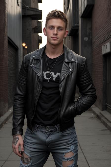 photo of sc_joey <lora:sc_joey_daddy-08:0.50> posing in a gritty city alleyway wearing a stylish leather jacket, cool mysterious edgy mood, low ambient lighting, (tattoos:0.8), distressed jean shorts, night time