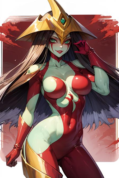 elemental hero burstinatrix, 1girl, bodysuit, colored skin, helmet, lipstick, green eyes