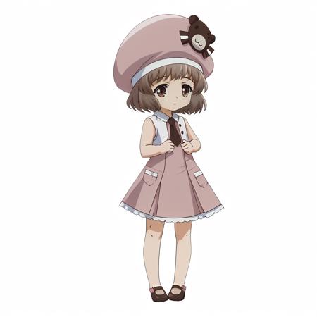 SakuraAmatsuka,1girl,brown hair,short hair,brown eyes, pink_hat, pink_dress,white vest,necktie,