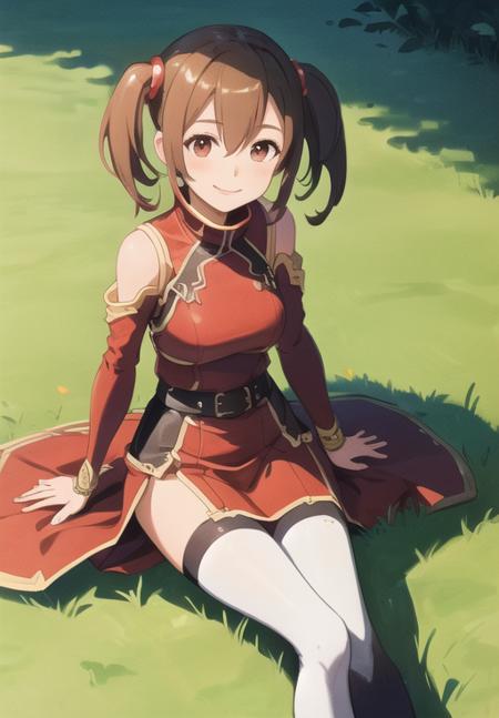 (Photo:1.3), highdetail, <lora:Silica_SAO:0.8>, Silica_ALO, solo, smile, sitting, head rest, grass, red dress, (acclaimed, alluring, captivating, exciting, gorgeous, striking:1.3), beautiful, (highly detailed, high quality:1.3)