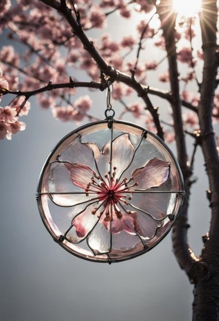 Product photograph, natural lighting, a metal artwork of a cherry blossom, colored glass in the background, beautiful sunshine, detailed, soft lighting, analog,