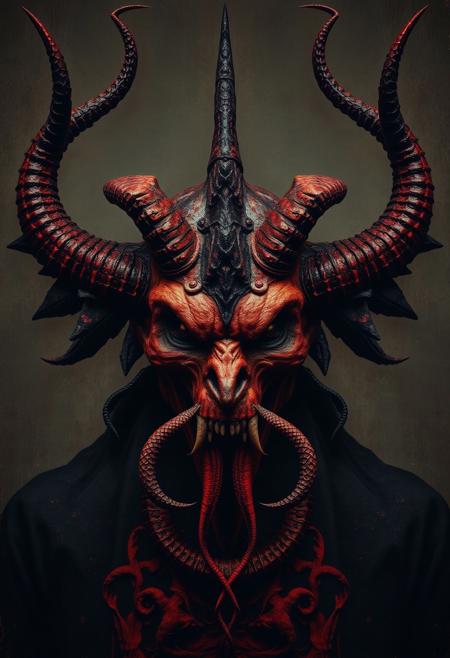 a symmetrical medium shot portrait of Satan, in the style of restrained palette, distressed materials, realistic color schemes, hieratic visionary, figura serpentinata, nicola samori, bold yet graceful