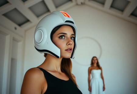 The image shows a young woman wearing a white helmet with a red light on it. The helmet has a futuristic design with a large circular opening in the center. The woman is standing in a room with a high ceiling and white walls. She is looking off to the side with a serious expression on her face. In the background, there is a woman in a white dress standing in front of the helmet. The overall mood of the image is futuristic and futuristic.