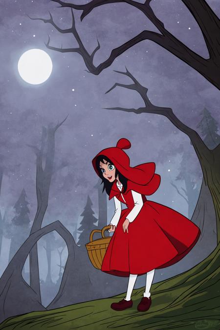 2d animation disney style little girl red riding hood in a creepy forest midnight moonlight atmospheric
(masterpiece:1.2) (cell shading) (animation) (flat color illustration:1.1) (best quality:1.2) (clean lines)