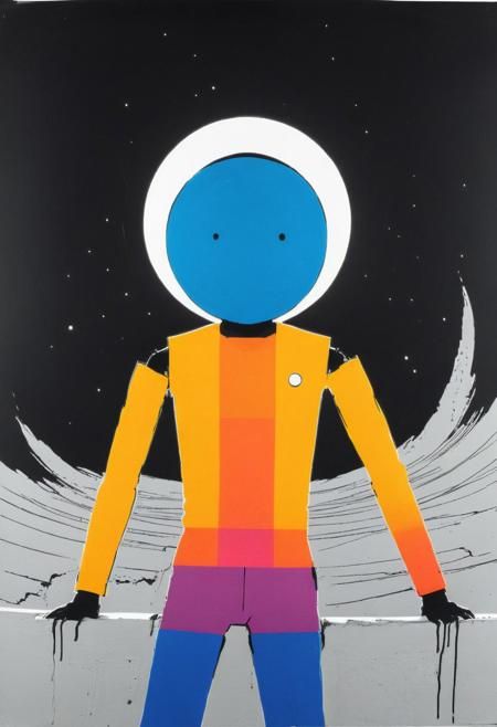 anime sketch by herg and Bw-grignani, Made of bold colorful lines, vertical aligned emphasis lines, striped concrete bot, quadbot, illuminated from behind, hip-hop art lines, artistic lines, perfect lines, intergalactic, galaxy colored, moire effect, moon landscape,