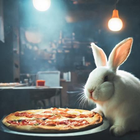 classicnegative photo of a cute white fluffy rabbit baking a pizza in a restaurant, fluorescent ceiling light tubes, haze, bloom, halation, dramatic atmosphere, cinematography