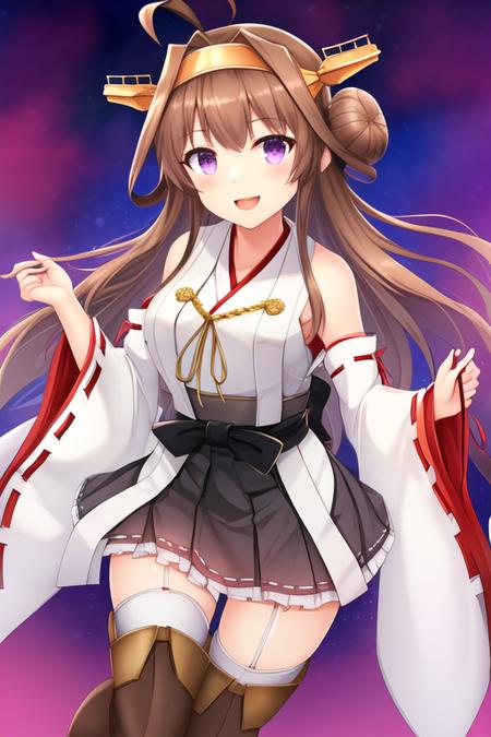 masterpiece, best quality, highres, solo, {kongou_kantaicollection:1.10}, brown_hair, long_hair, ahoge, hairband, hair_bun, double_bun, headgear, nontraditional_miko, smile, purple_eyes, open_mouth, 1girl, boots, detached_sleeves, japanese_clothes, ribbon-trimmed_sleeves, ribbon_trim, skirt, thighhighs, bare_shoulders, thigh_boots, zettai_ryouiki, black_thighhighs, looking_at_viewer