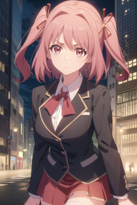 hikayu hoshikawa, short hair, twintails, ribbon, hair ribbon, pink hair, (pink eyes:1.3), two side up, skirt, thighhighs, school uniform, jacket, zettai ryouiki, blazer, green blazer, red skirt,