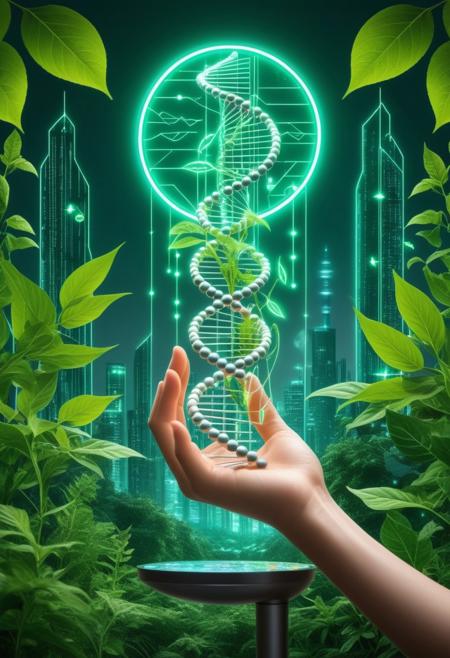 A symbolic representation of bioethics, 
featuring a balance between nature and technology. On one side, 
a human hand holds a DNA strand surrounded by green leaves and plants, 
symbolizing life, 
growth, 
and nature. On the other side, 
a robotic hand holds a circuit board with glowing lines, 
representing technology, 
artificial intelligence, 
and scientific advancement. Between the hands, 
a scale balances the ethical dilemmas of science and nature. In the background, 
a peaceful landscape merges with futuristic cityscape, 
illustrating the harmony and conflict between these two realms, 
incorporate animals, 
Broken Glass effect, 
no background, 
stunning, 
something that even doesn't exist, 
mythical being, 
energy, 
molecular, 
textures, 
iridescent and luminescent scales, 
breathtaking beauty, 
pure perfection, 
divine presence, 
unforgettable, 
impressive, 
breathtaking beauty, 
Volumetric light, 
auras, 
rays, 
vivid colors reflects
