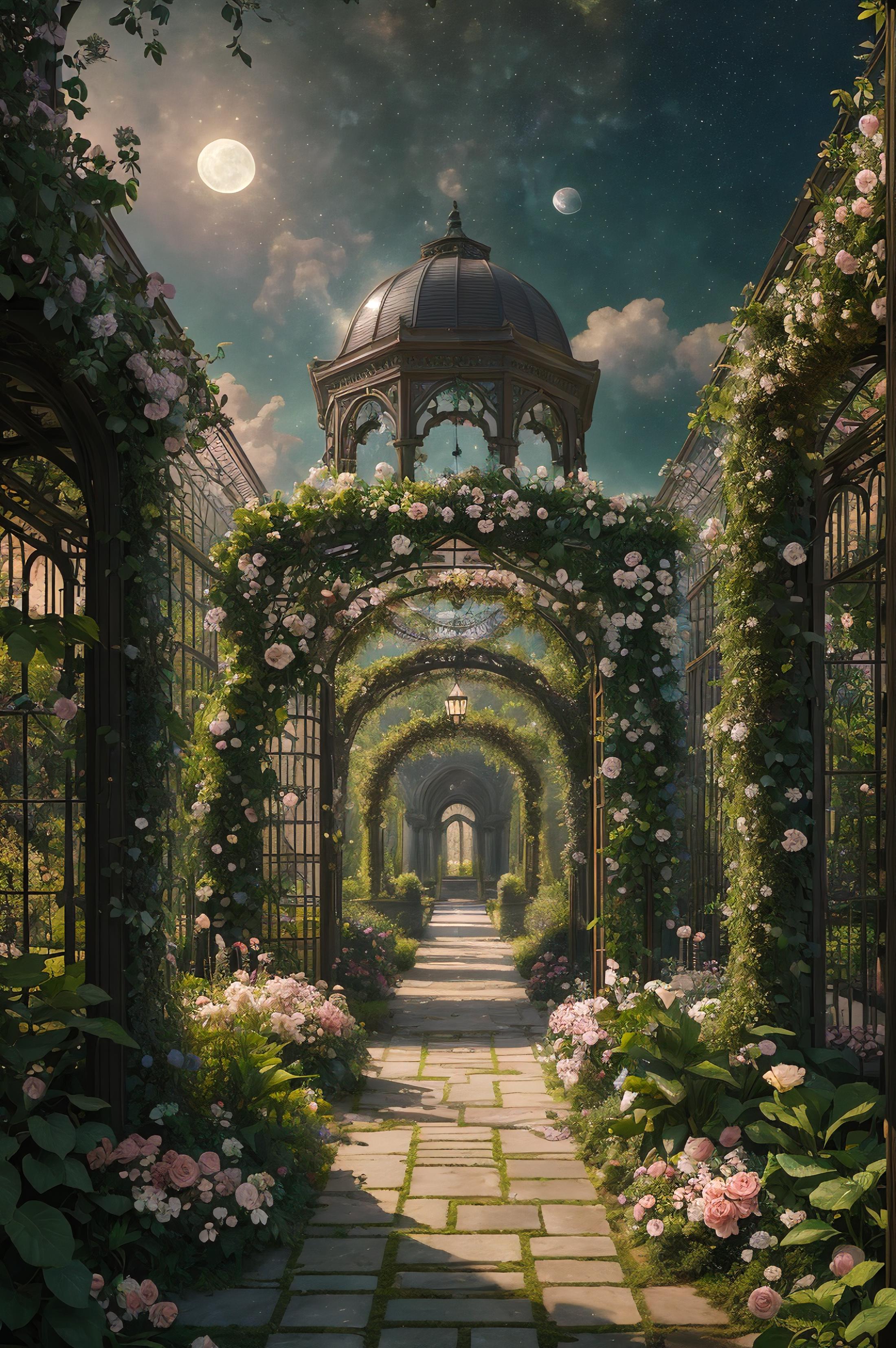 Entrance to a garden with a walkway lined with flowers and a dome above.