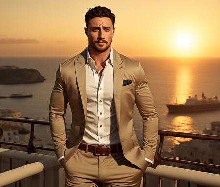 Nautical-themed (Photo:1.3) of (Ultrarealistic:1.3) <lora:Man_Men_FFashion:1> aaron taylor-johnson a man <lora:Aaron-Taylor-Johnson:1> in a tan suit standing on a balcony, sun behind him, inspired by Pablo Munoz Gomez, shot at golden hour, editorial photograph, midshot of a hunky, by Roman Bezpalkiv, by Artur Tarnowski, maxim sukharev, by Gabor Szikszai,Highly Detailed,(Mono Color:1.3) . Sea, ocean, ships, maritime, beach, marine life, highly detailed