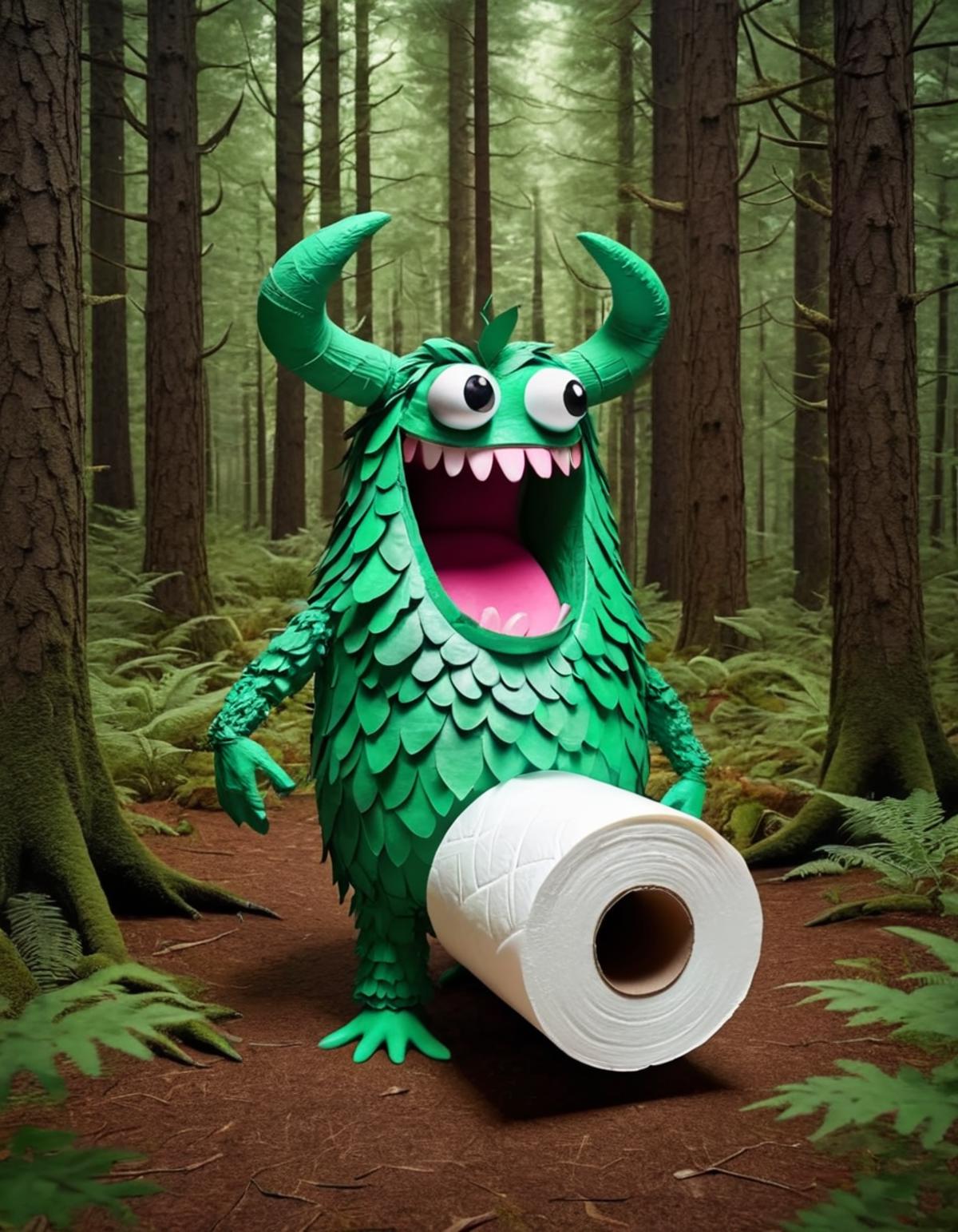 A green monster with horns holding a roll of toilet paper.