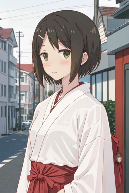 best quality, masterpiece, highres, solo, {white kimono:1.35}, {red hakama:1.35}, {wide sleeves:1.20}, {kaede_ikeno_sakuratrick:1.15}, short_hair, hair_ornament, hairclip, blush, black_hair, brown_hair, green_eyes, necktie