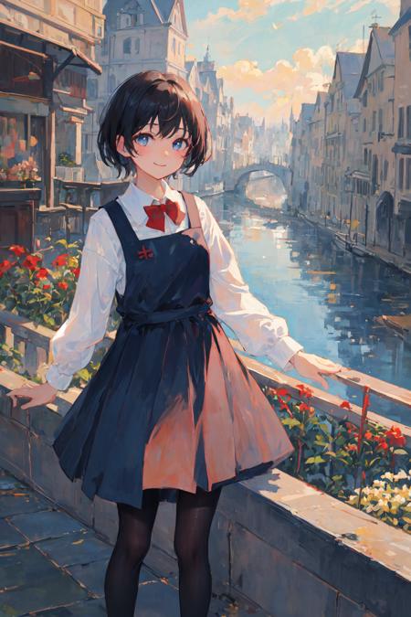 masterpiece, best quality, (oil painting, impressionism), colorful, scenery, gradient sky, cityscape, 1girl, short black hair, gradient blue eyes, long sleeves white collared shirt, navy pinafore dress, red bowtie, black pantyhose, smile