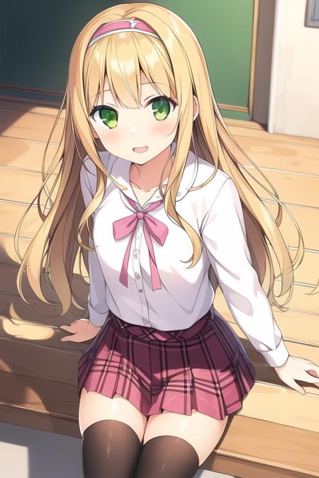 best quality ,masterpiece, 1girl,azuki azusa,blonde hair,long hair,green eyes,hairband,school uniform,white shirt,pink plaid skirt,black thighhighs,<lora:henneko:0.5>