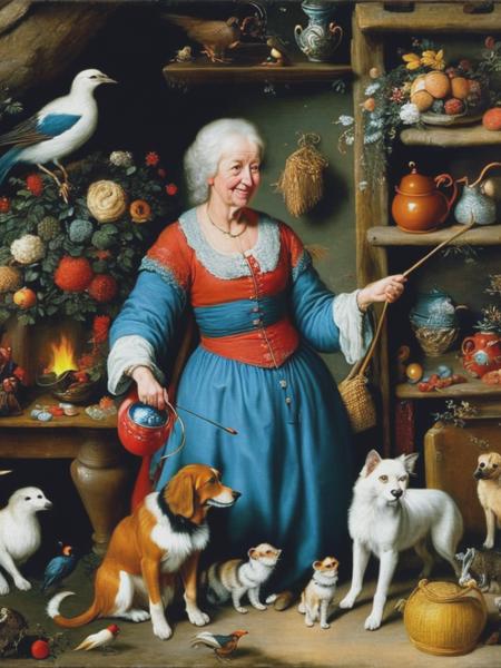 <lyco:JanBrueghel:1.0> Friendly old woman inviting you into her home, firelight, wild animals, birds, dogs and cats, style of Jan Brueghel , painterly