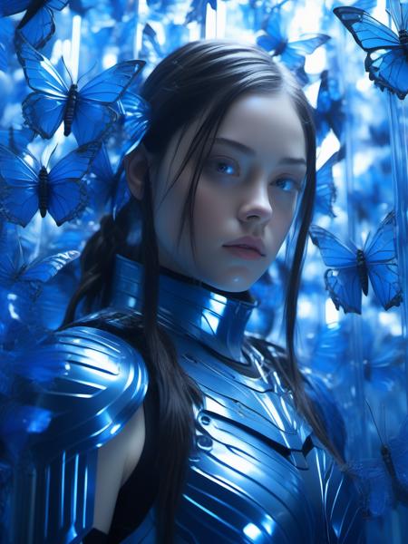 BJ_Blue_butterfly, 1girl, solo, long_hair, looking_at_viewer, brown_hair, black_hair, upper_body, armor, lips, bug, shoulder_armor, butterfly, blue_theme, realistic, blue_butterfly,
lipstick,Photographic,Analog Film,photo,8k,digital photography,masterpiece,sidelighting,hdr,realistic,(high definition:1.2),(best quality, masterpiece, photorealistic, realistic),
<lora:Blue_butterfly_SDXL_test1:0.7>,