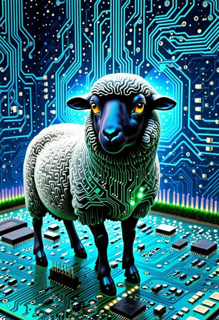 masterpiece, best quality, very aesthetic, absurdres,(score_9, score_8_up, score_7_up),TzigoCBS, epic background, nightsky cityscape landscapes with buildings made of as a circuit board, a sheep made of as a circuit board, glowing eyes, vivid eye color, (beautiful eyes:1.2), (gradient iris, crisp iris edges), confident pose, action dynamic pose,