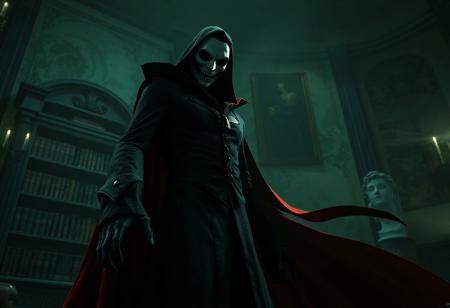 horror Vampire Ghost, "Castlevania: Lords of Shadow 2," dimly lit aristocratic room. Black outfit, flowing red cape. Masked face. Bookshelf, statue. Green and black color palette. Low angle, imposing presence. Baroque painting, dynamic action pose, octane render, Unreal Engine 5, trending on Artstation, CGSociety, 8k HDR, golden ratio, splash ink illustration, lifelike details, super detailed face and clothes, exceptional quality, more detail.